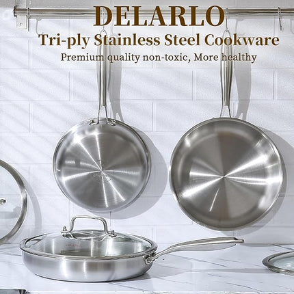 DELARLO Kitchen Whole Body Tri-Ply Stainless Steel Frying Pan, 12 inch,Stainless Steel, Oven safe induction skillet, Pots and Pans set,Suitable for All Stove