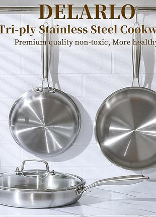 DELARLO Tri-Ply Stainless Steel Frying Pan丨9 inch Skillet with Lid丨All Cooktops Compatible Up to 600℉丨Enegry Saving丨Kitchen Egg Skillet 9" 丨Durable丨Everything Pan丨Omelet Pans for Kitchen Cooking