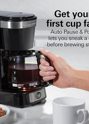 Hamilton Beach 5 Cup Drip Coffee Maker with Easy FrontFill Basket, Compact Design, Works with Smart Plugs, Glass Carafe, Auto Pause and Pour, Black & Stainless Steel (46112)