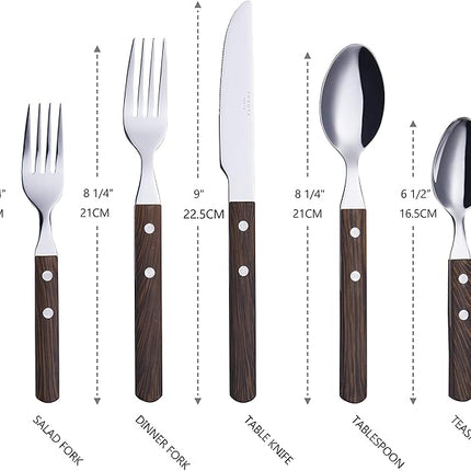 ANNOVA 20 Piece Silverware Set, Service for 4, Stainless Steel Retro/Rivet Walnut Wood Tableware Kitchen Flatware Set Utensils, Includes Dinner Knives, Forks, Spoons, Salad Forks & Dessert Spoons
