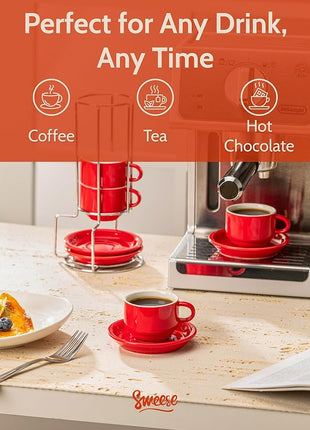 Sweese 2.5 Ounce Porcelain Stackable Espresso Cups with Saucers and Metal Stand Set of 4, Red