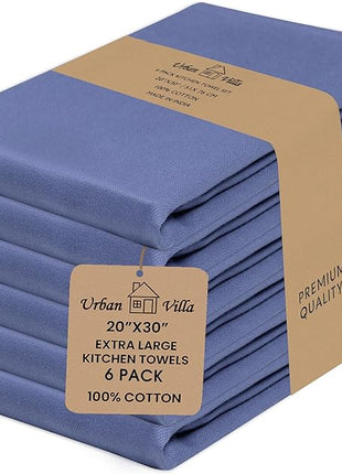 Urban Villa Premium Quality 100% Cotton Solid Kitchen Towels Set of 6 Ultra Soft Size 20x30 Inches Indigo Blue Color Highly Absorbent