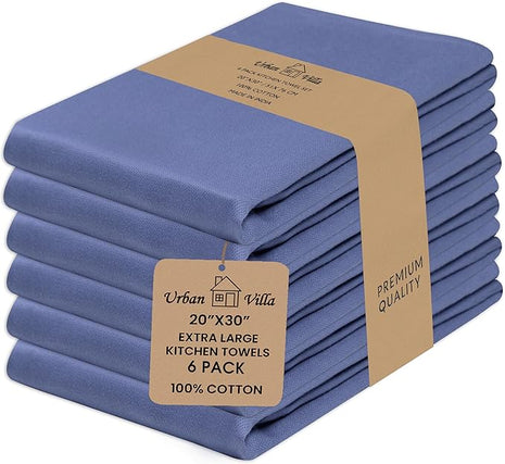Urban Villa Premium Quality 100% Cotton Solid Kitchen Towels Set of 6 Ultra Soft Size 20x30 Inches Indigo Blue Color Highly Absorbent