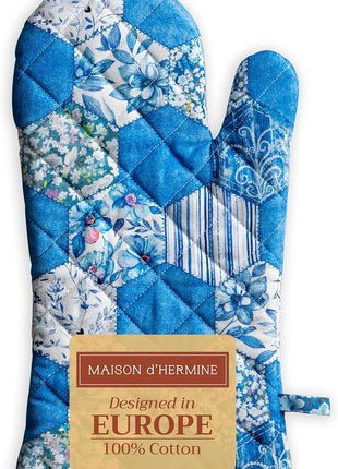Maison d' Hermine Oven Gloves 100% Cotton Oven Mitt 7" x 13" with Loop Heat Resistant, BBQ, Cooking Gloves, Baking, Grilling, Kitchen, Handling Hot Pans Spring/Summer (Pack of 1, Summer Blues)