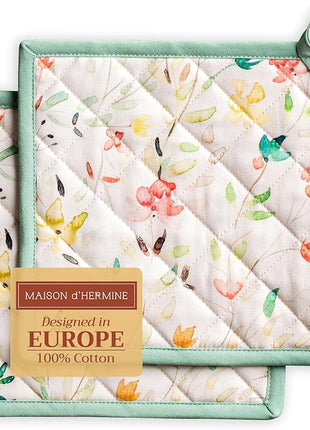 Maison d' Hermine Pot Holders Set 100% Cotton Heat Resistant Potholders 8" x 8" Hot Pads with Loop BBQ, Cooking, Baking, Grilling, Kitchen, Handling Hot Pans Spring/Summer (Pack of 2, Colmar)