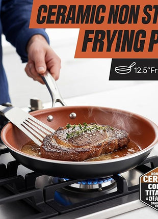 Gotham Steel Non Stick Frying Pan, 12.5” Ceramic Frying Pan Nonstick, Long Lasting Nonstick Cooking Pan with Helper Handle / Stay Cool Handle, Ultra-Durable, Dishwasher / Oven Safe, 100% Non Toxic