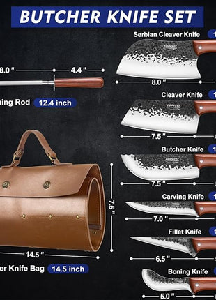 8PCS Chef Butcher Fish Knife Set for Meat Cutting with Roll Bag, Hand Forged Meat Cleaver Knife Boning Carving Knife Set for Home、Camping、BBQ