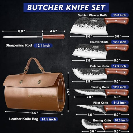 8PCS Chef Butcher Fish Knife Set for Meat Cutting with Roll Bag, Hand Forged Meat Cleaver Knife Boning Carving Knife Set for Home、Camping、BBQ