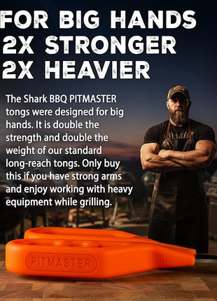 Shark BBQ Pitmaster Grill Tongs, 2X Stronger, Heavy-Duty for Big Hands & Large Cuts. Long-Reach Barbecue Grilling Tongs. Premium Stainless Steel Tong (Hunter Orange)