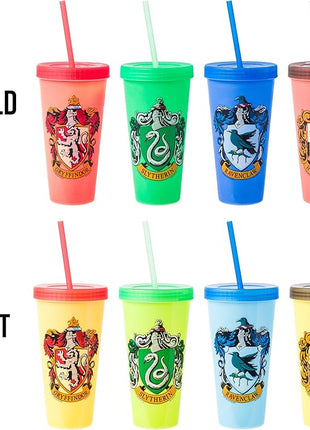 Silver Buffalo Harry Potter House Crests 4 pack Color Change Plastic Tumbler, 24 Ounces