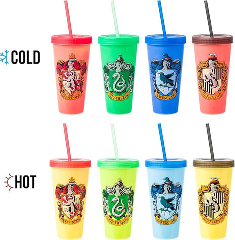 Silver Buffalo Harry Potter House Crests 4 pack Color Change Plastic Tumbler, 24 Ounces