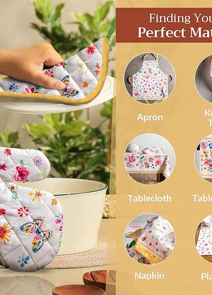 Maison d' Hermine 100% Cotton Oven Mitt & Pot Holder Set (7.5"x13" & 8"x8") Heat Resistant BBQ Cooking Gloves with Loop, Grilling, Kitchen, Handling Hot Pans Spring/Summer (Happy Florals - Sweety)