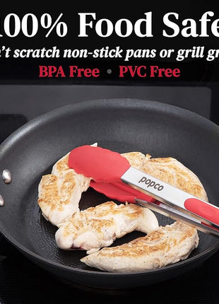 Popco 3-Piece Kitchen Tongs Set – Stainless Steel Heat Resistant Silicone Tips, Strong Comfort Grip, 3 Sizes (7, 9, 12 Inch), Non-Scratch, Dishwasher Safe, for Cooking, BBQ, Salad