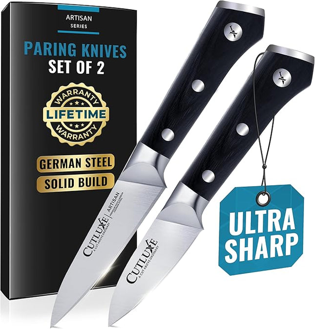 Cutluxe Paring Knife Set – 4" Fruit and 3" Peeling Knives – Small Knife with Razor Sharp Blade – High Carbon German Steel, Full Tang & Ergonomic Handle Design – Artisan Series