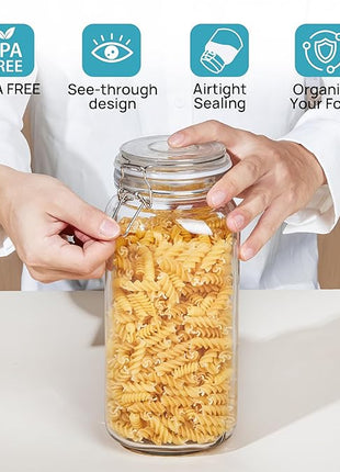 Vtopmart 78oz Glass Food Storage Jars with Airtight Clamp Lids, 3 Pack Large Kitchen Canisters for Flour, Cereal, Coffee, Pasta and Canning, Square Mason Jar with 8 Chalkboard Labels