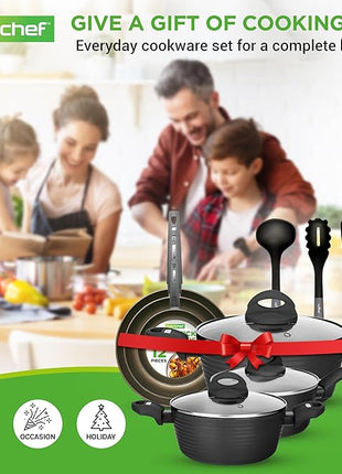 NutriChef Metallic Ridge Line Nonstick Cooking Kitchen Cookware Pots and Pan Set with with Lids and Utensils, 12 Piece Set, Gray