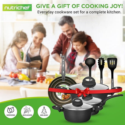 NutriChef Metallic Ridge Line Nonstick Cooking Kitchen Cookware Pots and Pan Set with with Lids and Utensils, 12 Piece Set, Gray