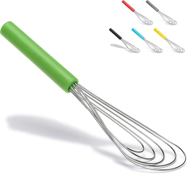 Flat Whisk Silicone Handle Non Slip 10" - 5 Wires Whisk with 10 Heads for Kitchen Cooking by Jell-Cell (Green)