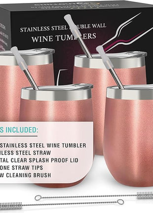 CHILLOUT LIFE 12 oz Stainless Steel Wine Tumblers 4 Pack - Double Wall Vacuum Insulated Wine Glasses Cups with Lids and Straws Set Keeping Cold & Hot for Coffee, Beer, Ice Cream - Rose Gold