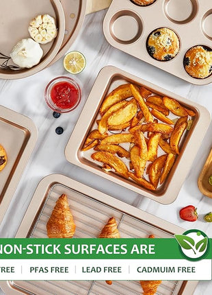 HONGBAKE Bakeware Sets, Baking Pans Set, Nonstick Oven Pan for Kitchen with Wider Grips, 10-Piece Including Rack, Cookie Sheet, Cake Pans, Loaf Pan, Muffin Pan, Pizza Pan - Champagne Gold