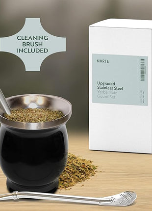 Norte Yerba Mate Cup Kit, 8-Ounces Traditional Mate Tea Cup/Gourd Set | Includes 2 Bombillas (Yerba Mate Straw) & Cleaning Brush, Stainless Steel Cup, Double-Walled, Easy to Clean | Black