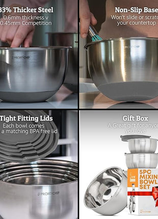 Priority Chef Premium Mixing Bowls With Airtight Lids Set, Thicker Stainless Steel Mixing Bowl Set, Large Prep Metal Bowls with Lids, Nesting Bowls for Kitchen, 1.5/2/3/4/5 Qrt, Grey