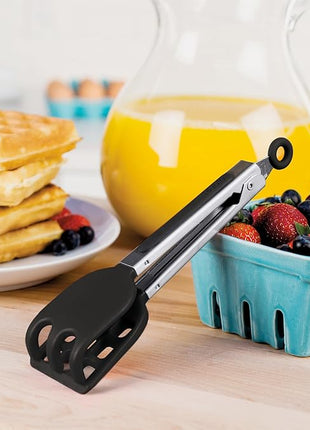 Tovolo Waffle Tongs Mini Silicone Kitchen Tongs for Cooking Serving, Flat Stainless Steel Small Tongs with Silicone Tips for Salads Belgian Waffles Air Fryer Appetizers Dishwasher Safe Black