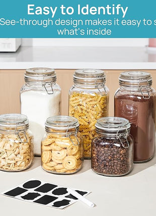 Vtopmart 78oz Glass Food Storage Jars with Airtight Clamp Lids, 3 Pack Large Kitchen Canisters for Flour, Cereal, Coffee, Pasta and Canning, Square Mason Jar with 8 Chalkboard Labels