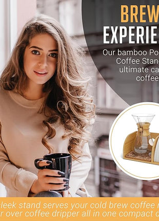 HEXNUB – Caddy for Pour Over Coffee Maker, Bamboo Stand fits Chemex, Bodum, Cosori Coffee Carafes, Heatproof Mat, Filter Holder for Drip Coffee Maker - Cork Mat