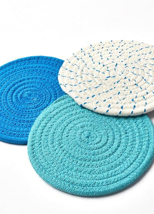 Kitchen Pot Holders Set Trivets Set 100% Pure Cotton Thread Weave Hot Pot Holders Set (Set of 3) Stylish Coasters, Hot Pads, Hot Mats, Spoon Rest for Cooking and Baking by Diameter 7 Inches (Blue)
