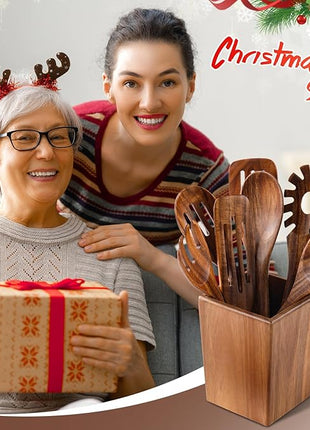 Wooden Spoons for Cooking, 11 Pcs Wood Cooking Utensils Set with Holder, Natural Acacia Wooden Kitchen Tools, Nonstick Cookware, Easy Clean, Kitchen Utensil Set for Mom, Wife Cooking Gifts