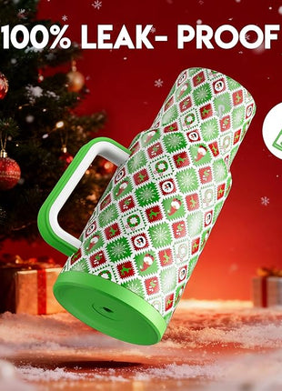 Meoky 40 oz Christmas Tumbler with Handle and Straw, Xmas Tumbler with Lid and Straw, Insulated Stainless Steel Travel Mug, Christmas Gifts for Women Men Adults (Snowy Santa)