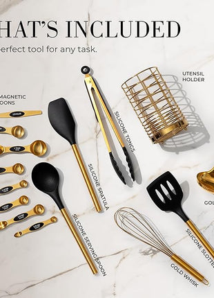 Styled Settings Black and Gold Kitchen Utensils Set – 15-Piece Cooking Set Includes Black Silicone Utensils, Gold Utensil Holder, and Magnetic Measuring Spoons – Stylish Kitchen Accessories