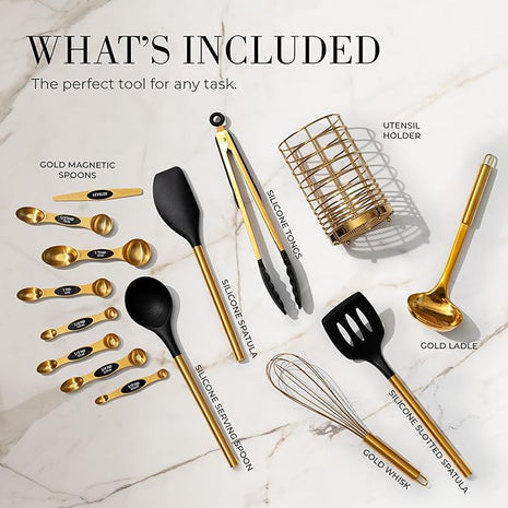 Styled Settings Black and Gold Kitchen Utensils Set – 15-Piece Cooking Set Includes Black Silicone Utensils, Gold Utensil Holder, and Magnetic Measuring Spoons – Stylish Kitchen Accessories