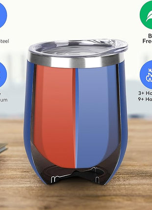 DOMICARE Stainless Steel Wine Tumbler Bulk with Lid, Personalized Insulated Tumblers Set, 12oz Travel Coffee Cups Pack of 8, Dark Blue