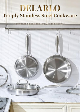 DELARLO Tri-ply Stainless Steel Frying Pan Set with Lid 8" 10" Induction large Skillets Chef's Pan,Pots and Pans Set Kitchen Cookware Set Suitable for All Stove