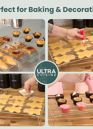 Ultra Cuisine Heavy Duty 3 Tiers, 16" x 10" Cooling Rack for Cooking and Baking - Professional Grade Premium 100% Stainless Steel Baking Rack & Wire Cooling Mesh - Dishwasher Safe - Pack 3
