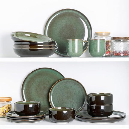 LeRatio Ceramic Dinnerware Sets for 4,Porcelain Plates and Bowls Sets, Reactive Glaze Dishes Set,Chip Resistant and Scratch Resistant | Oven&Dishwasher & Microwave Safe,Service for 4-Green&Black