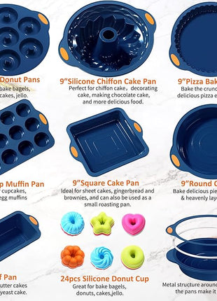 To encounter 31 Pieces Silicone Baking Pans Set, Nonstick Bakeware Sets, Non-Stick Silicone Molds, with Metal Reinforced Frame More Strength, Navy Blue