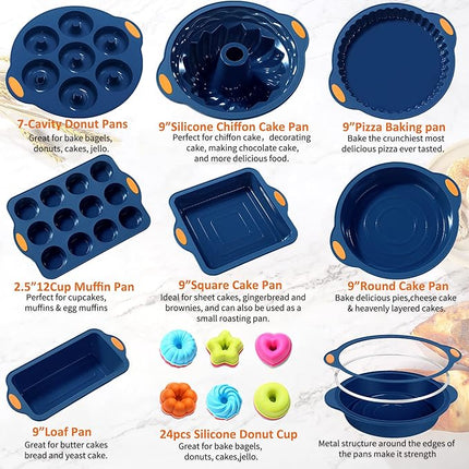 To encounter 31 Pieces Silicone Baking Pans Set, Nonstick Bakeware Sets, Non-Stick Silicone Molds, with Metal Reinforced Frame More Strength, Navy Blue