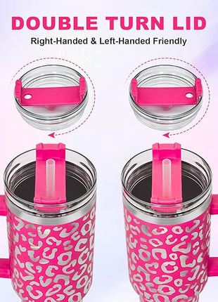 40 oz Tumbler with Handle and Straw, 100% Leak-Proof Travel Mug, Stainless Steel Double Wall Vacuum Insulated Coffee Cup Keeps Cold For 34 Hours, Dishwasher Safe, Hot Pink Leopard