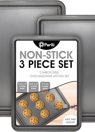 PERLLI Non-Stick 3-Piece Baking Pan Set, BPA-Free Gray Carbon Steel Bakeware Set, Stackable Kitchen Oven Set, Cookie Sheet, Baking Tray, Baking Sheet Set, Oven Safe (446°F)