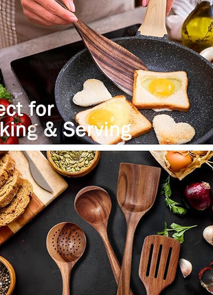 Wooden Spoons for Cooking 6 Piece, Natural Kitchen Utensils Spatula, Smooth Finish Wooden Cooking Utensils Spoons, Filter Spoon, Salad Fork