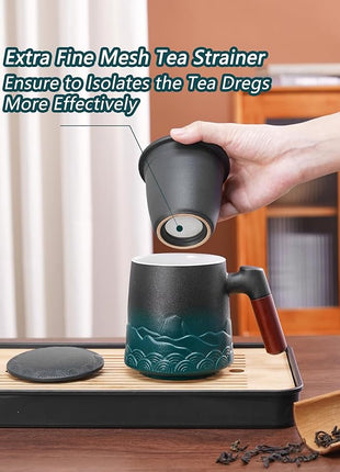 ZENS Tea Cup with Infuser and Lid for Loose Leaf Steeping, 16.9oz Embossed Ceramic Tea Infuser Mug, Wood Handle Tea Diffuser, Great Gift