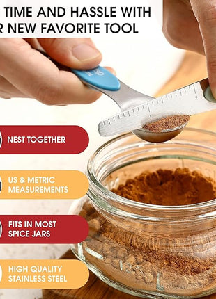 Spring Chef Stainless Steel Magnetic Measuring Spoons Set of 8 with Leveler, Dual Sided Metal Teaspoon & Tablespoon Measuring Spoons, Nesting Kitchen Gadgets for Baking & Cooking - Winter Frost