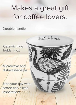 Karma Gifts 14 oz Black and White Boho Mug Flamingo - Cute Coffee and Tea Mug - Ceramic Coffee Mugs for Women and Men
