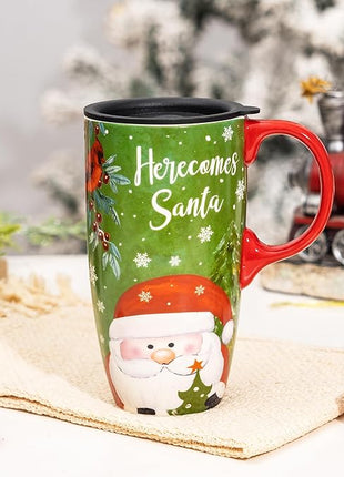 Topadorn Christmas Ceramic Mug Coffee Cup with Sealed Lid and Gift Box Latte Mug, 17oz. Here Comes Santa Claus