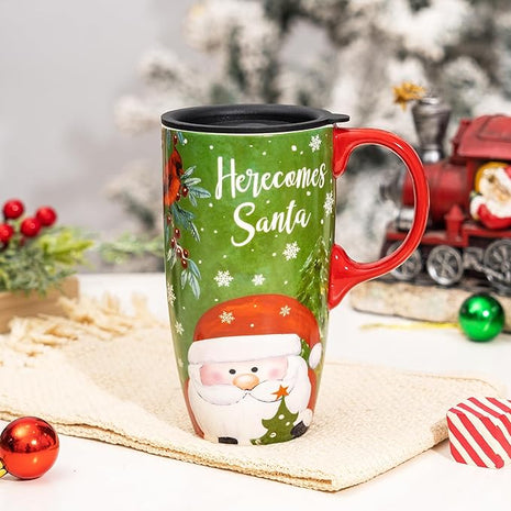 Topadorn Christmas Ceramic Mug Coffee Cup with Sealed Lid and Gift Box Latte Mug, 17oz. Here Comes Santa Claus