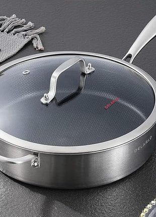 DELARLO Tri-Ply Stainless Steel 12 Inch Deep Frying Pan with lid,7QT Saute Pan Nonstick,Compatible with All Cooktops,Oven Up to 660℉,Chicken Fryer,Dishwasher-Friendly