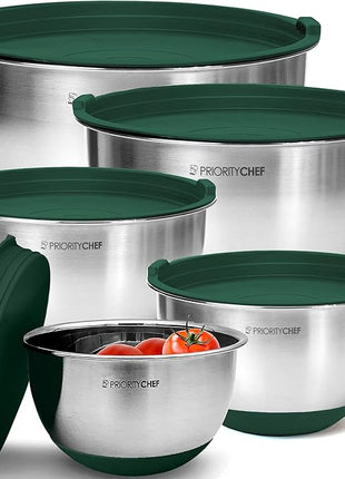 Priority Chef Premium Mixing Bowls With Airtight Lids Set, Thicker Stainless Steel Mixing Bowl Set, Large Prep Metal Bowls with Lids, Nesting Bowls for Kitchen, 1.5/2/3/4/5 Qrt, Green